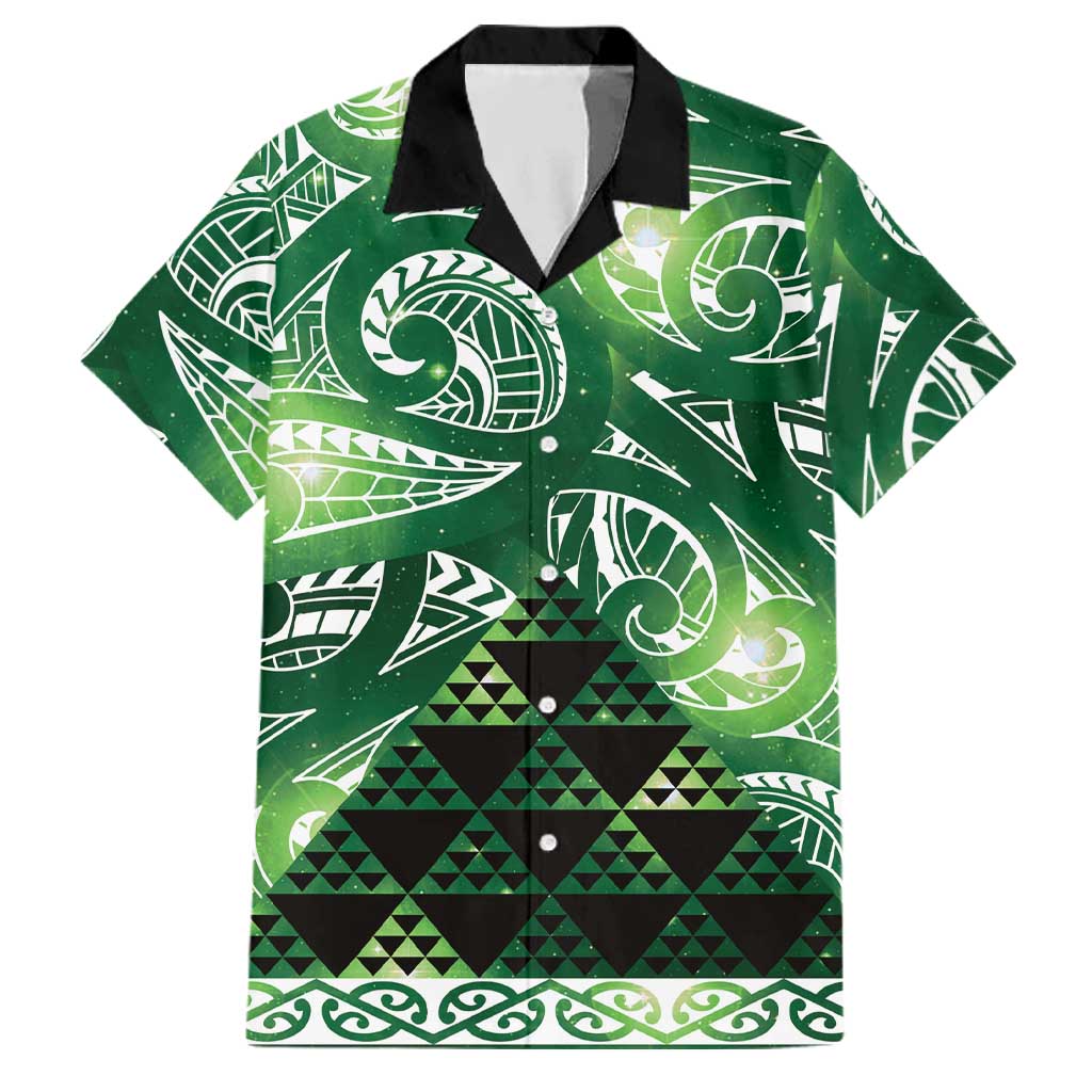 Matariki New Zealand Family Matching Off Shoulder Short Dress and Hawaiian Shirt NZ Niho Taniwha Maori New Year Green Galaxy