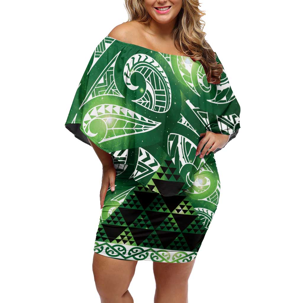Matariki New Zealand Family Matching Off Shoulder Short Dress and Hawaiian Shirt NZ Niho Taniwha Maori New Year Green Galaxy