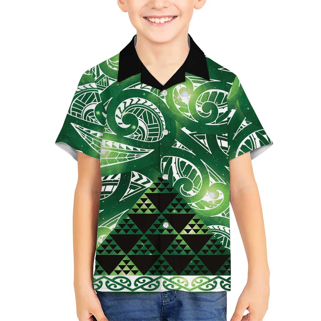 Matariki New Zealand Family Matching Off Shoulder Short Dress and Hawaiian Shirt NZ Niho Taniwha Maori New Year Green Galaxy
