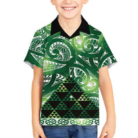 Matariki New Zealand Family Matching Off Shoulder Short Dress and Hawaiian Shirt NZ Niho Taniwha Maori New Year Green Galaxy