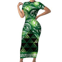 Matariki New Zealand Short Sleeve Bodycon Dress NZ Niho Taniwha Maori New Year Green Galaxy