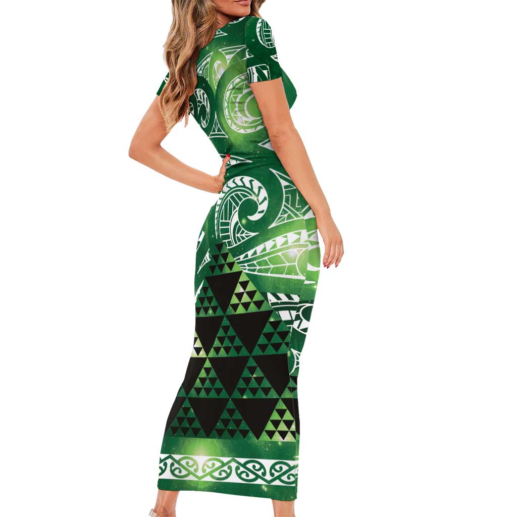 Matariki New Zealand Short Sleeve Bodycon Dress NZ Niho Taniwha Maori New Year Green Galaxy
