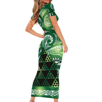 Matariki New Zealand Short Sleeve Bodycon Dress NZ Niho Taniwha Maori New Year Green Galaxy