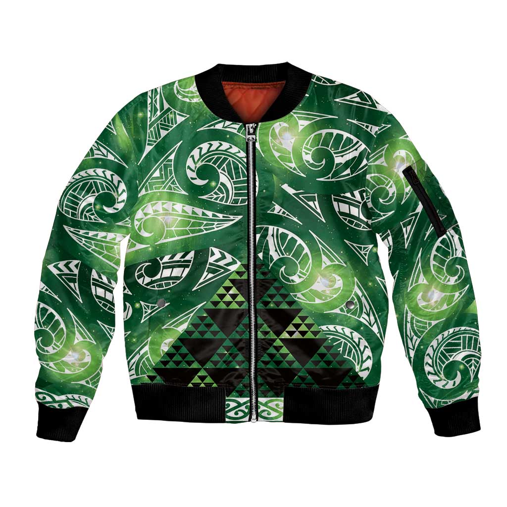 Matariki New Zealand Sleeve Zip Bomber Jacket NZ Niho Taniwha Maori New Year Green Galaxy LT14 Unisex Green - Polynesian Pride