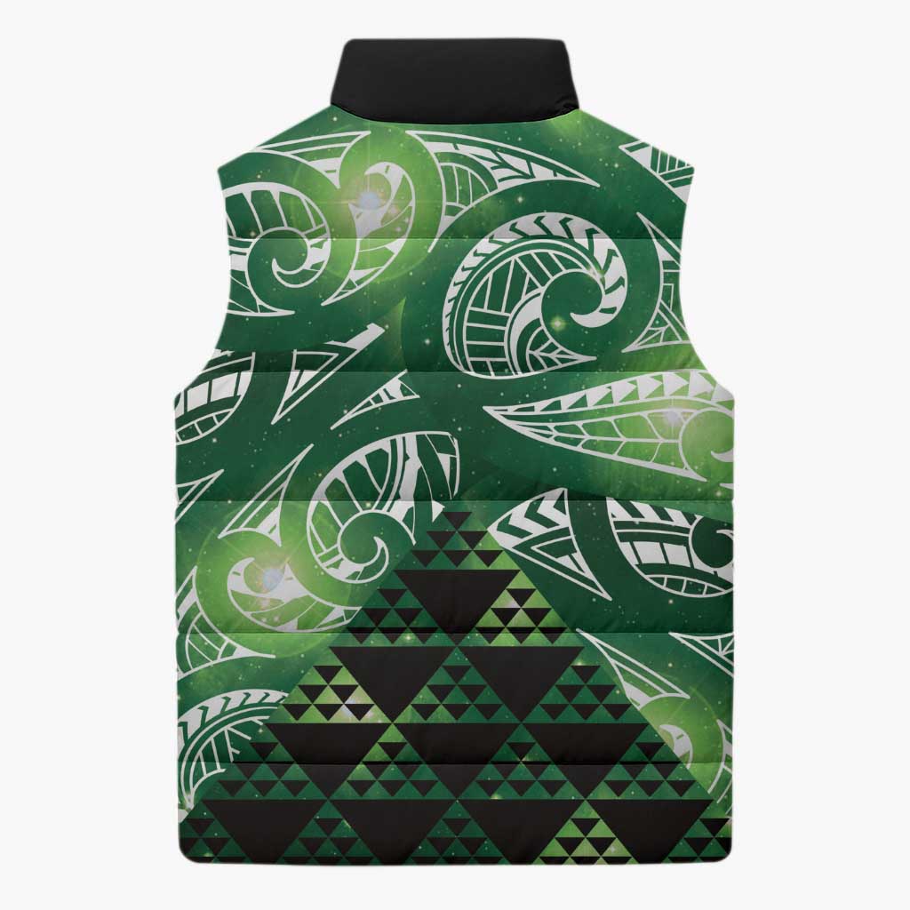 Matariki New Zealand Sleeveless Puffer Jacket NZ Niho Taniwha Maori New Year Green Galaxy LT14 - Polynesian Pride