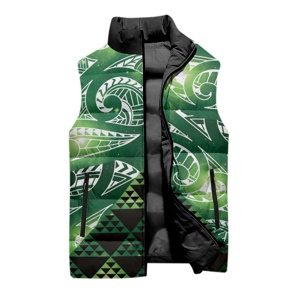 Matariki New Zealand Sleeveless Puffer Jacket NZ Niho Taniwha Maori New Year Green Galaxy LT14 - Polynesian Pride