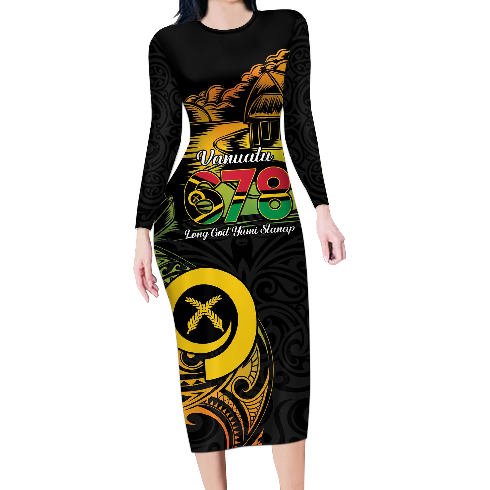Personalised Vanuatu 678 Long Sleeve Bodycon Dress Proud To Be A Ni-Van LT14 Long Dress Black - Polynesian Pride