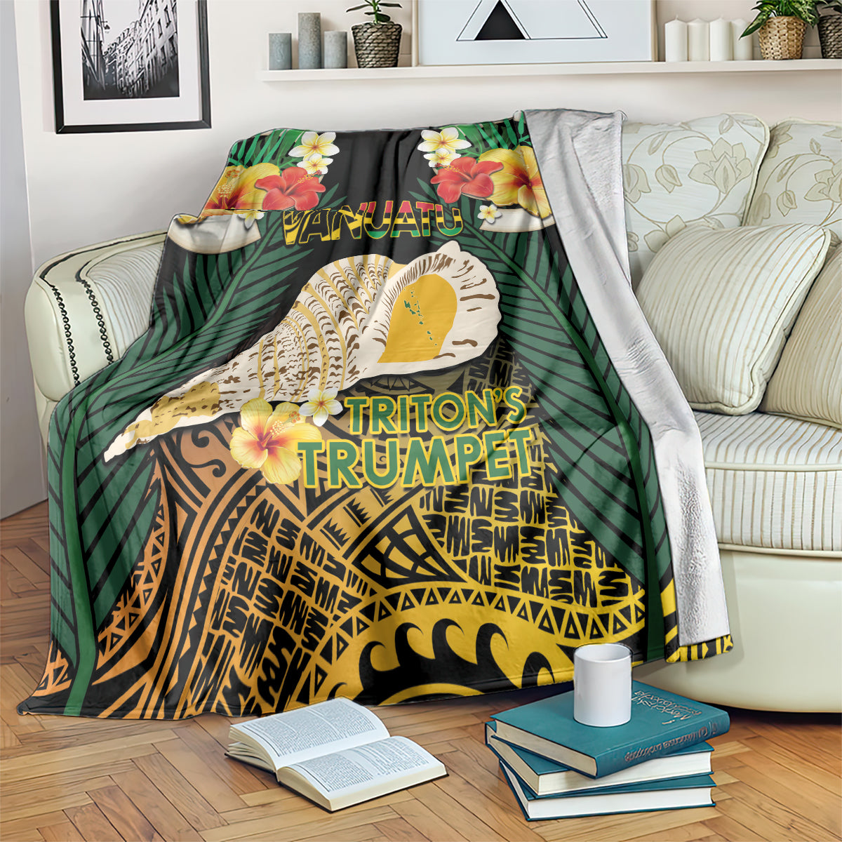 Vanuatu Triton's Trumpet Blanket Tropical Flowers Vanuatuan Map LT14 Black - Polynesian Pride
