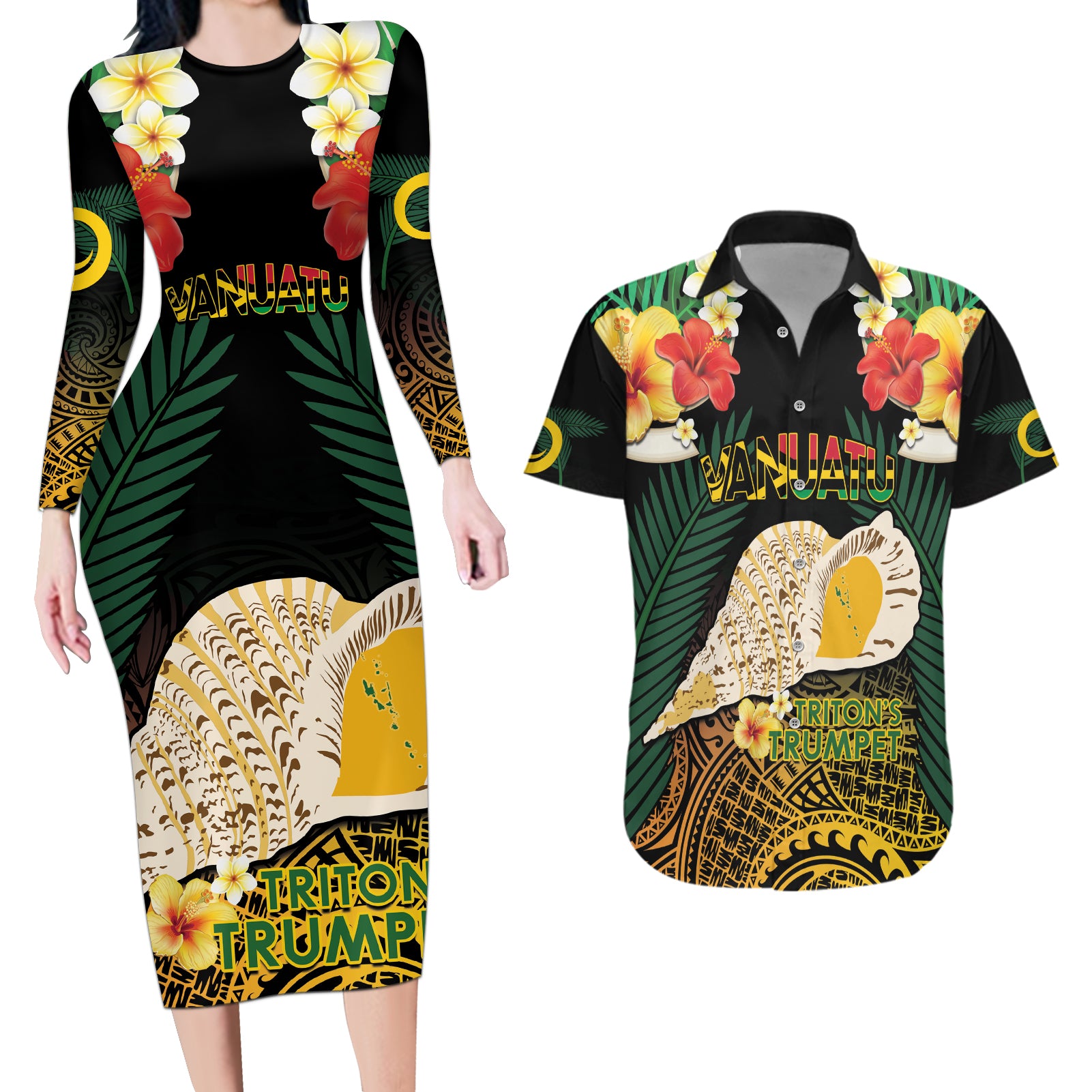 Vanuatu Triton's Trumpet Couples Matching Long Sleeve Bodycon Dress and Hawaiian Shirt Tropical Flowers Vanuatuan Map