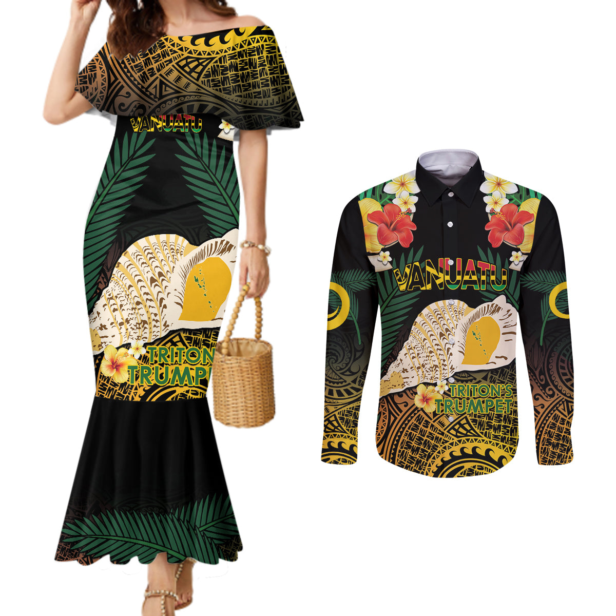 Vanuatu Triton's Trumpet Couples Matching Mermaid Dress and Long Sleeve Button Shirt Tropical Flowers Vanuatuan Map