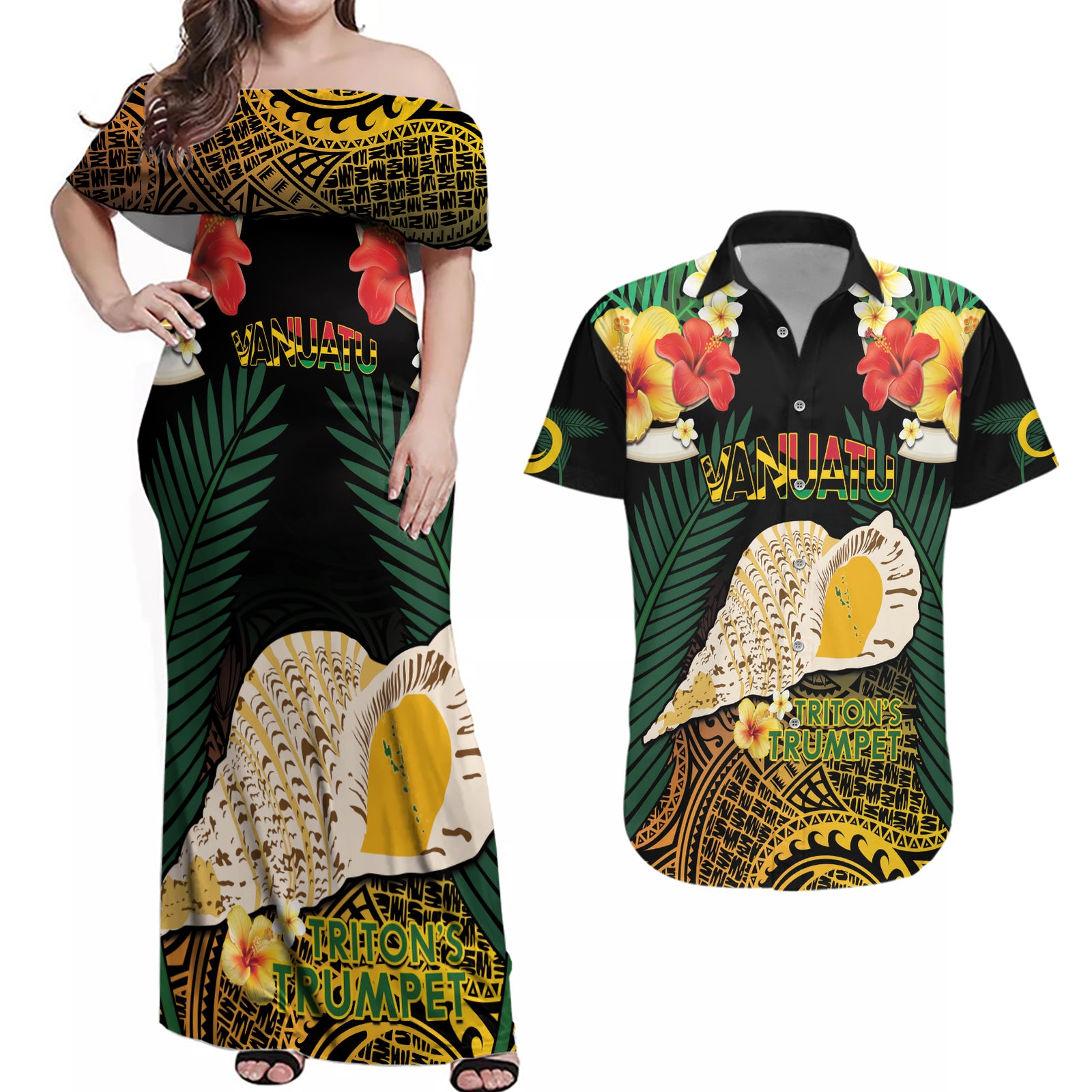 Vanuatu Triton's Trumpet Couples Matching Off Shoulder Maxi Dress and Hawaiian Shirt Tropical Flowers Vanuatuan Map