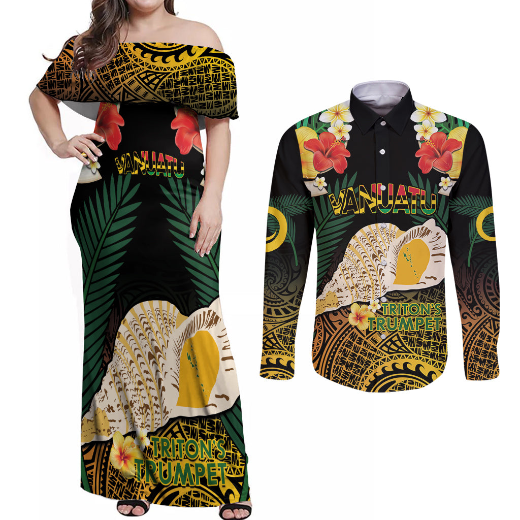 Vanuatu Triton's Trumpet Couples Matching Off Shoulder Maxi Dress and Long Sleeve Button Shirt Tropical Flowers Vanuatuan Map