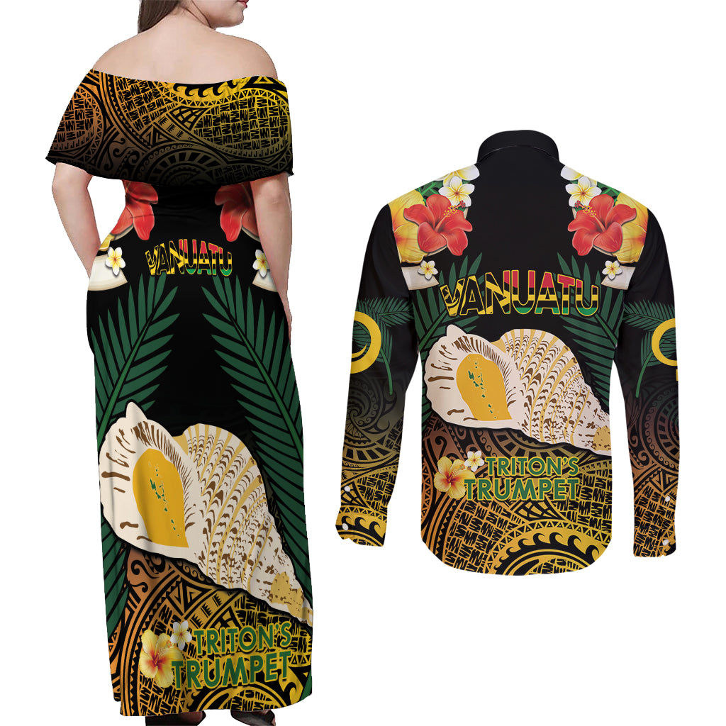 Vanuatu Triton's Trumpet Couples Matching Off Shoulder Maxi Dress and Long Sleeve Button Shirt Tropical Flowers Vanuatuan Map