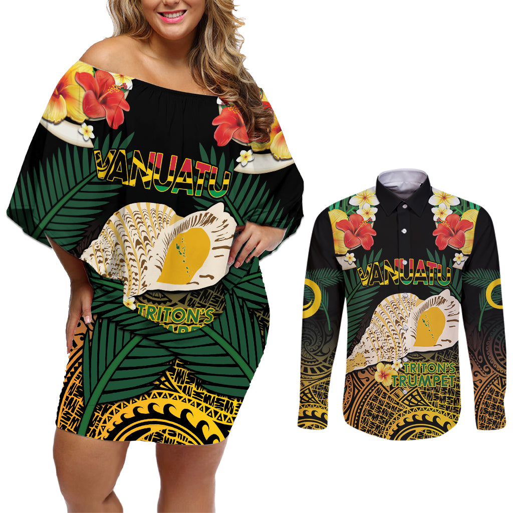 Vanuatu Triton's Trumpet Couples Matching Off Shoulder Short Dress and Long Sleeve Button Shirt Tropical Flowers Vanuatuan Map