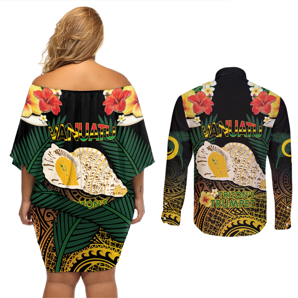 Vanuatu Triton's Trumpet Couples Matching Off Shoulder Short Dress and Long Sleeve Button Shirt Tropical Flowers Vanuatuan Map