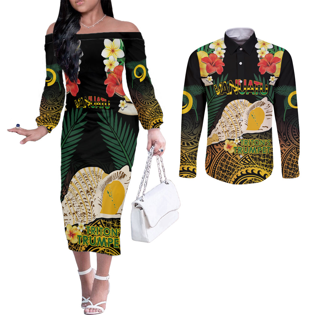 Vanuatu Triton's Trumpet Couples Matching Off The Shoulder Long Sleeve Dress and Long Sleeve Button Shirt Tropical Flowers Vanuatuan Map