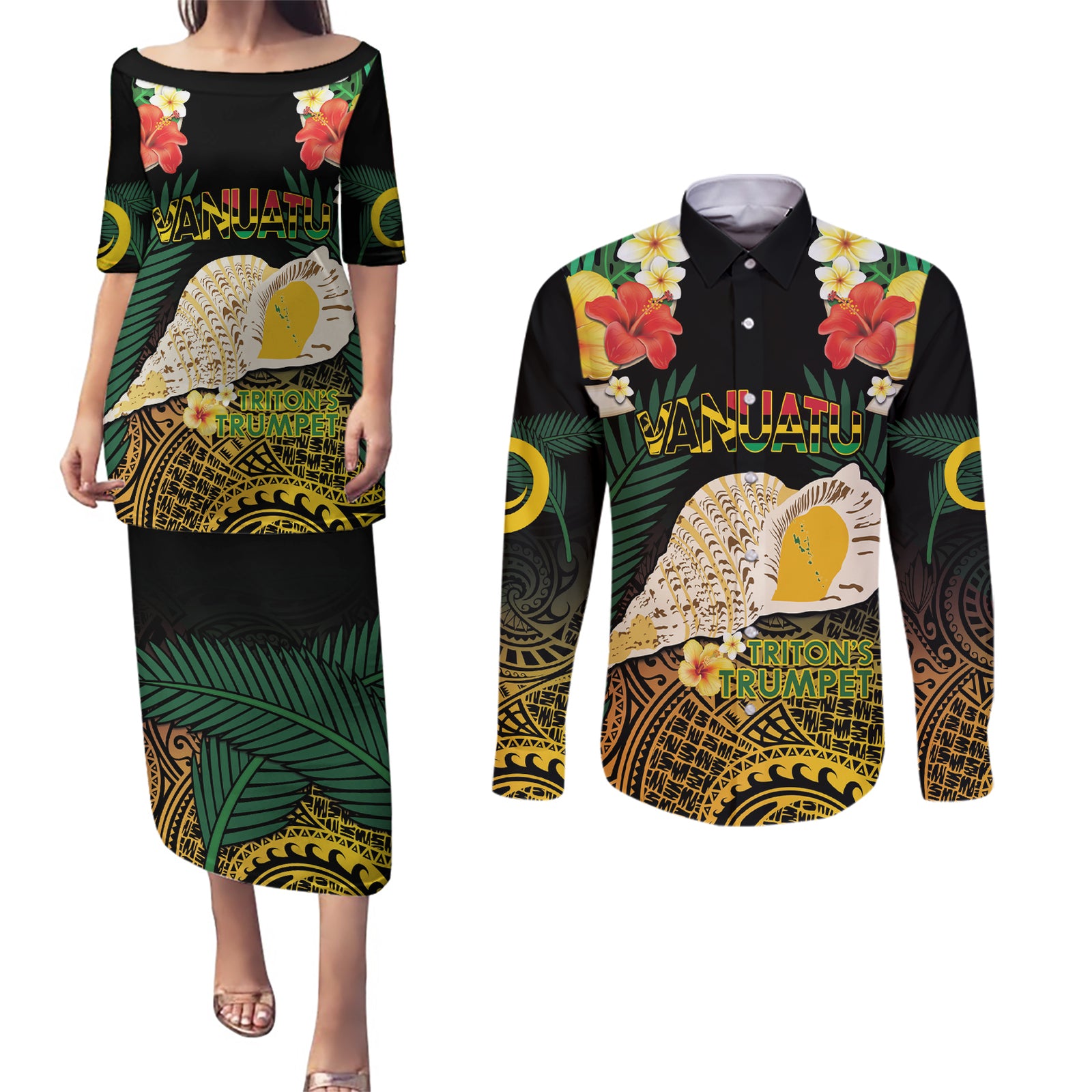 Vanuatu Triton's Trumpet Couples Matching Puletasi and Long Sleeve Button Shirt Tropical Flowers Vanuatuan Map