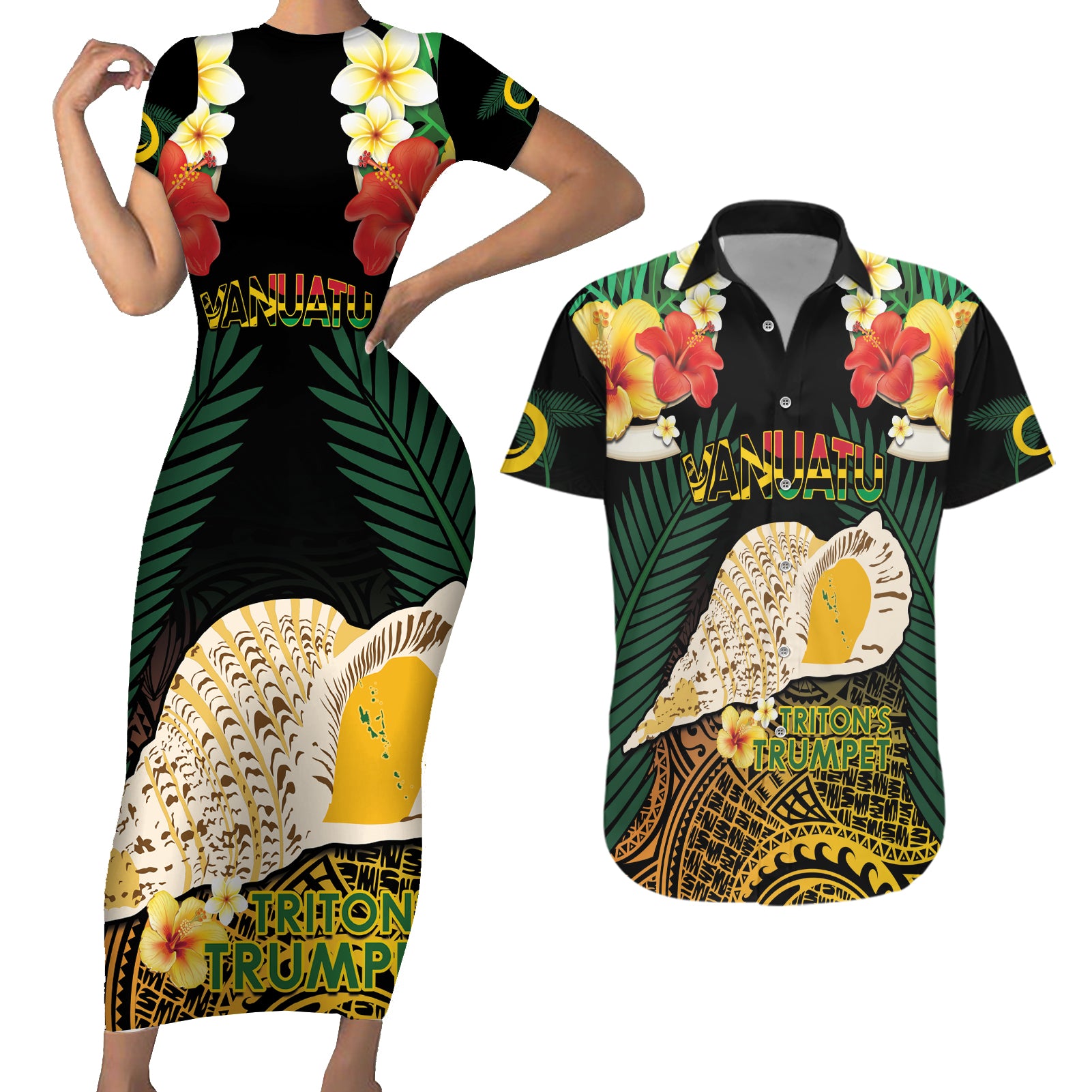 Vanuatu Triton's Trumpet Couples Matching Short Sleeve Bodycon Dress and Hawaiian Shirt Tropical Flowers Vanuatuan Map