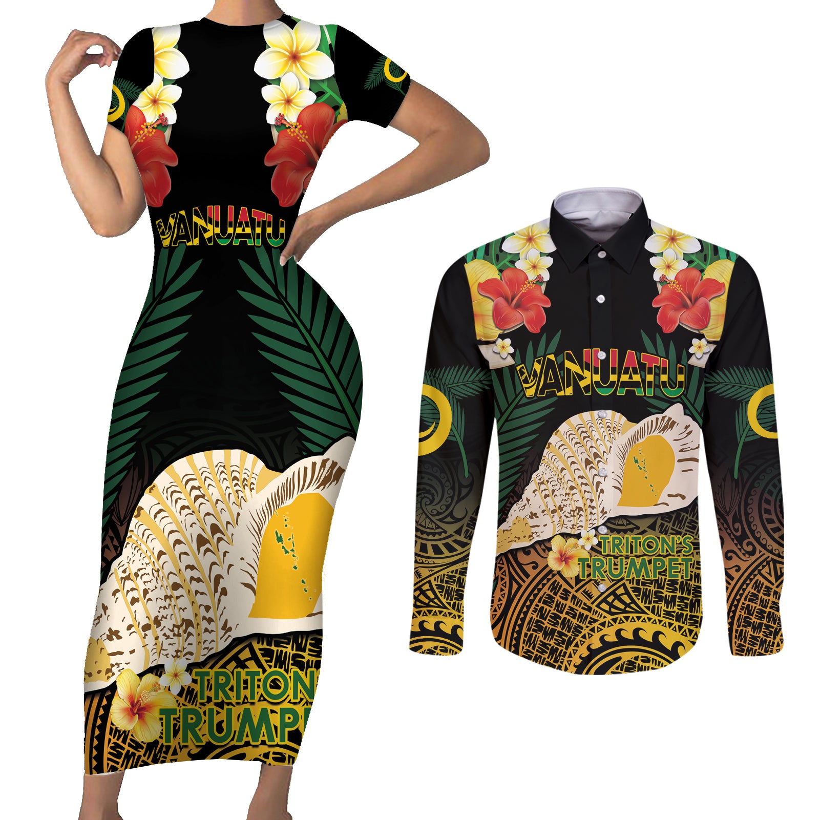 Vanuatu Triton's Trumpet Couples Matching Short Sleeve Bodycon Dress and Long Sleeve Button Shirt Tropical Flowers Vanuatuan Map