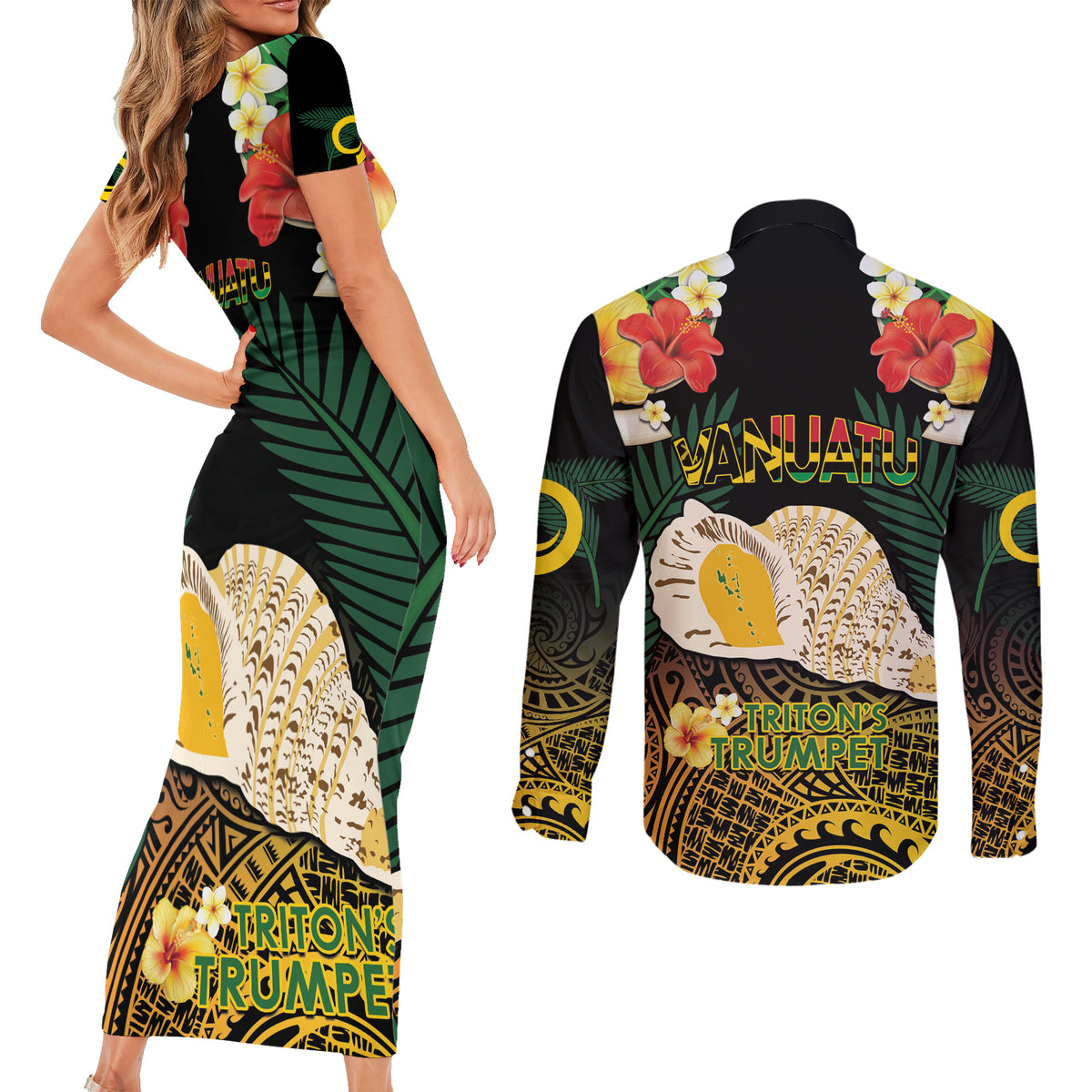 Vanuatu Triton's Trumpet Couples Matching Short Sleeve Bodycon Dress and Long Sleeve Button Shirt Tropical Flowers Vanuatuan Map