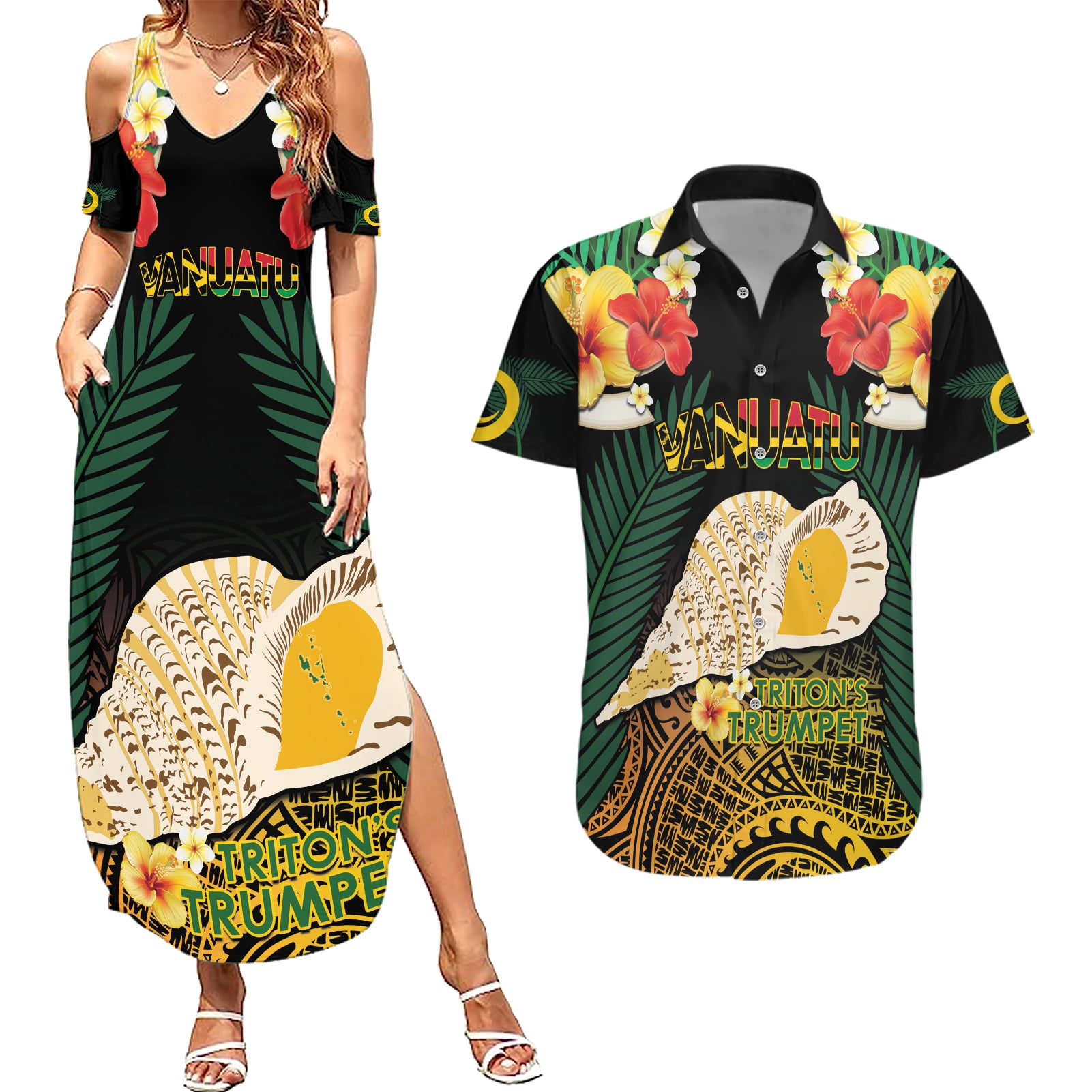 Vanuatu Triton's Trumpet Couples Matching Summer Maxi Dress and Hawaiian Shirt Tropical Flowers Vanuatuan Map