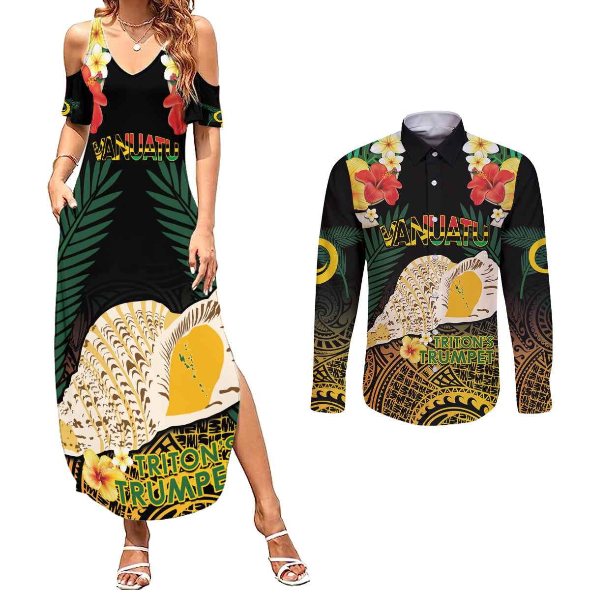 Vanuatu Triton's Trumpet Couples Matching Summer Maxi Dress and Long Sleeve Button Shirt Tropical Flowers Vanuatuan Map
