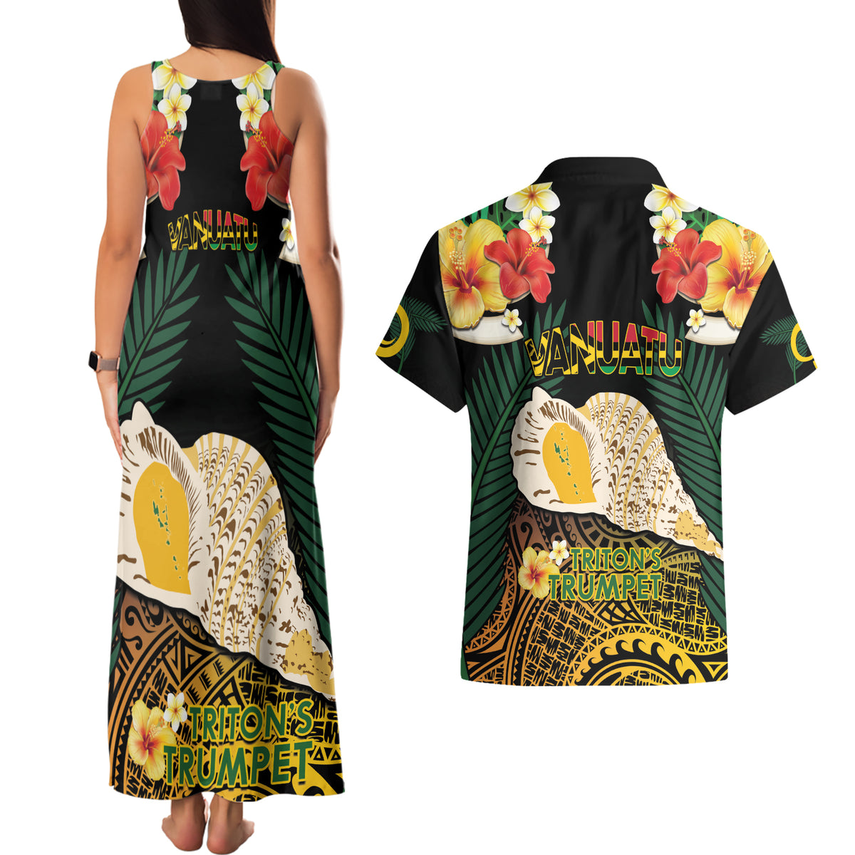 Vanuatu Triton's Trumpet Couples Matching Tank Maxi Dress and Hawaiian Shirt Tropical Flowers Vanuatuan Map