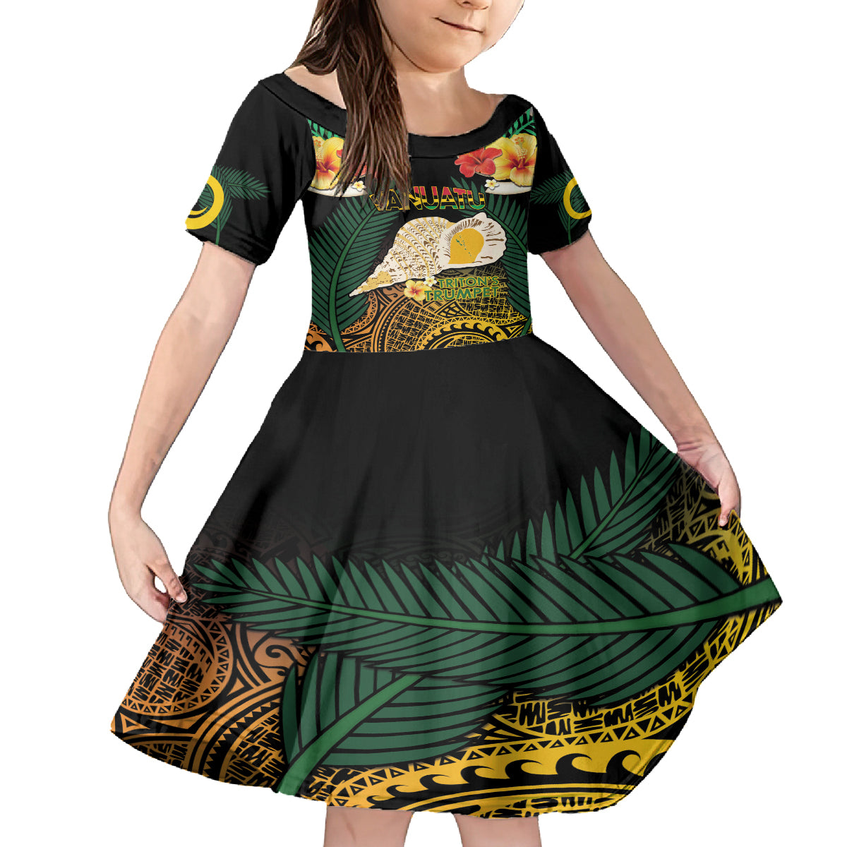 Vanuatu Triton's Trumpet Family Matching Long Sleeve Bodycon Dress and Hawaiian Shirt Tropical Flowers Vanuatuan Map LT14 Daughter's Dress Black - Polynesian Pride
