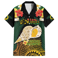 Vanuatu Triton's Trumpet Family Matching Long Sleeve Bodycon Dress and Hawaiian Shirt Tropical Flowers Vanuatuan Map LT14 Dad's Shirt - Short Sleeve Black - Polynesian Pride