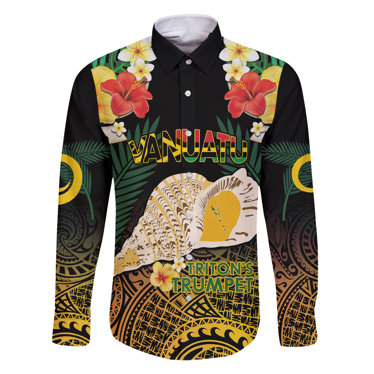 Vanuatu Triton's Trumpet Family Matching Long Sleeve Bodycon Dress and Hawaiian Shirt Tropical Flowers Vanuatuan Map LT14 Dad's Shirt - Long Sleeve Black - Polynesian Pride