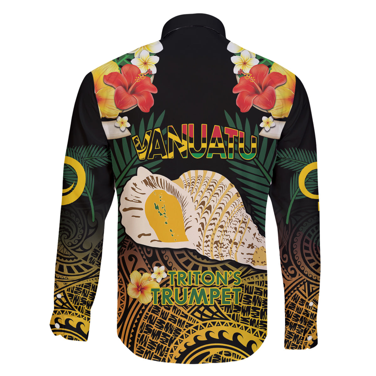 Vanuatu Triton's Trumpet Family Matching Long Sleeve Bodycon Dress and Hawaiian Shirt Tropical Flowers Vanuatuan Map LT14 - Polynesian Pride