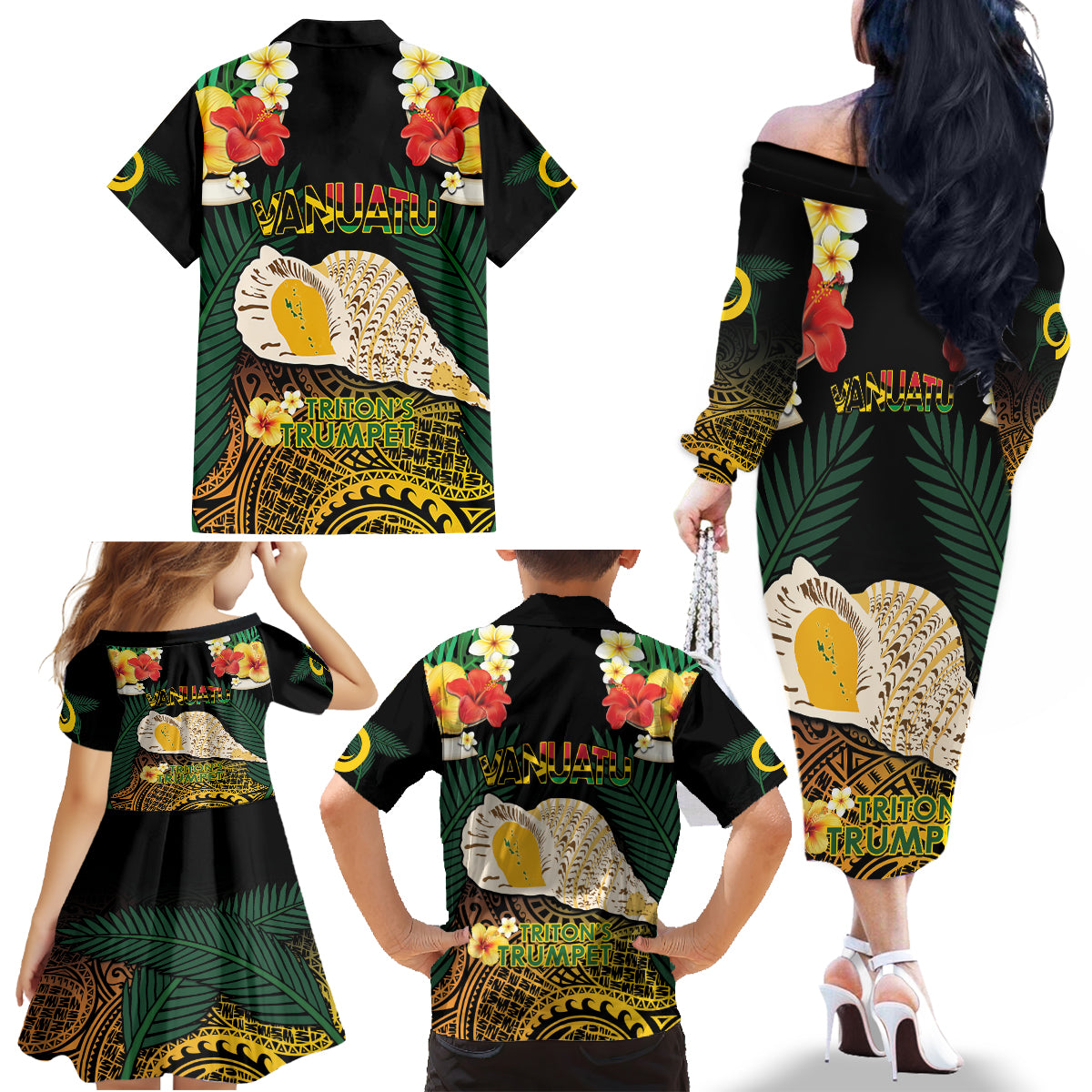 Vanuatu Triton's Trumpet Family Matching Off The Shoulder Long Sleeve Dress and Hawaiian Shirt Tropical Flowers Vanuatuan Map