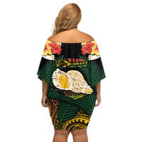Vanuatu Triton's Trumpet Family Matching Off Shoulder Short Dress and Hawaiian Shirt Tropical Flowers Vanuatuan Map