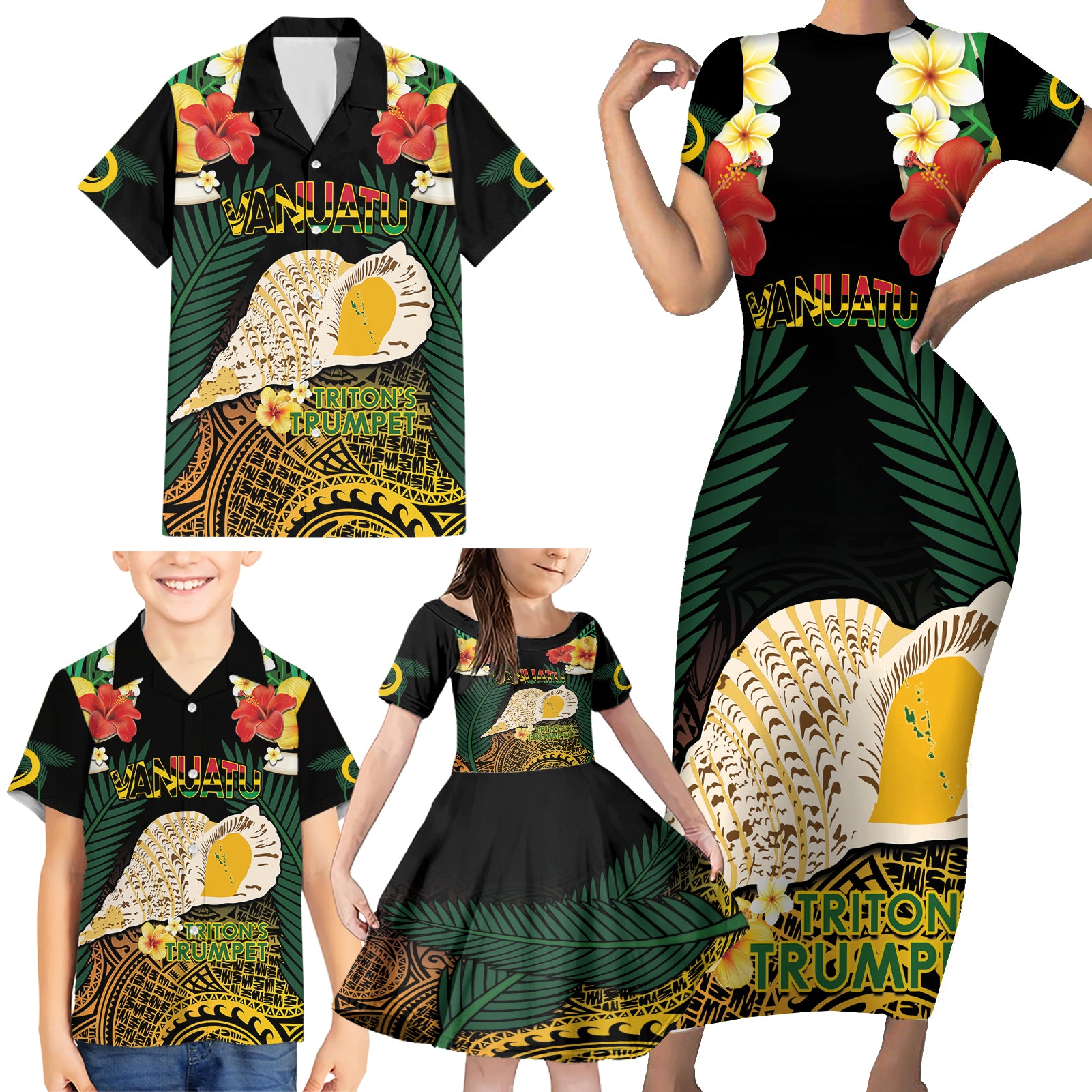 Vanuatu Triton's Trumpet Family Matching Short Sleeve Bodycon Dress and Hawaiian Shirt Tropical Flowers Vanuatuan Map