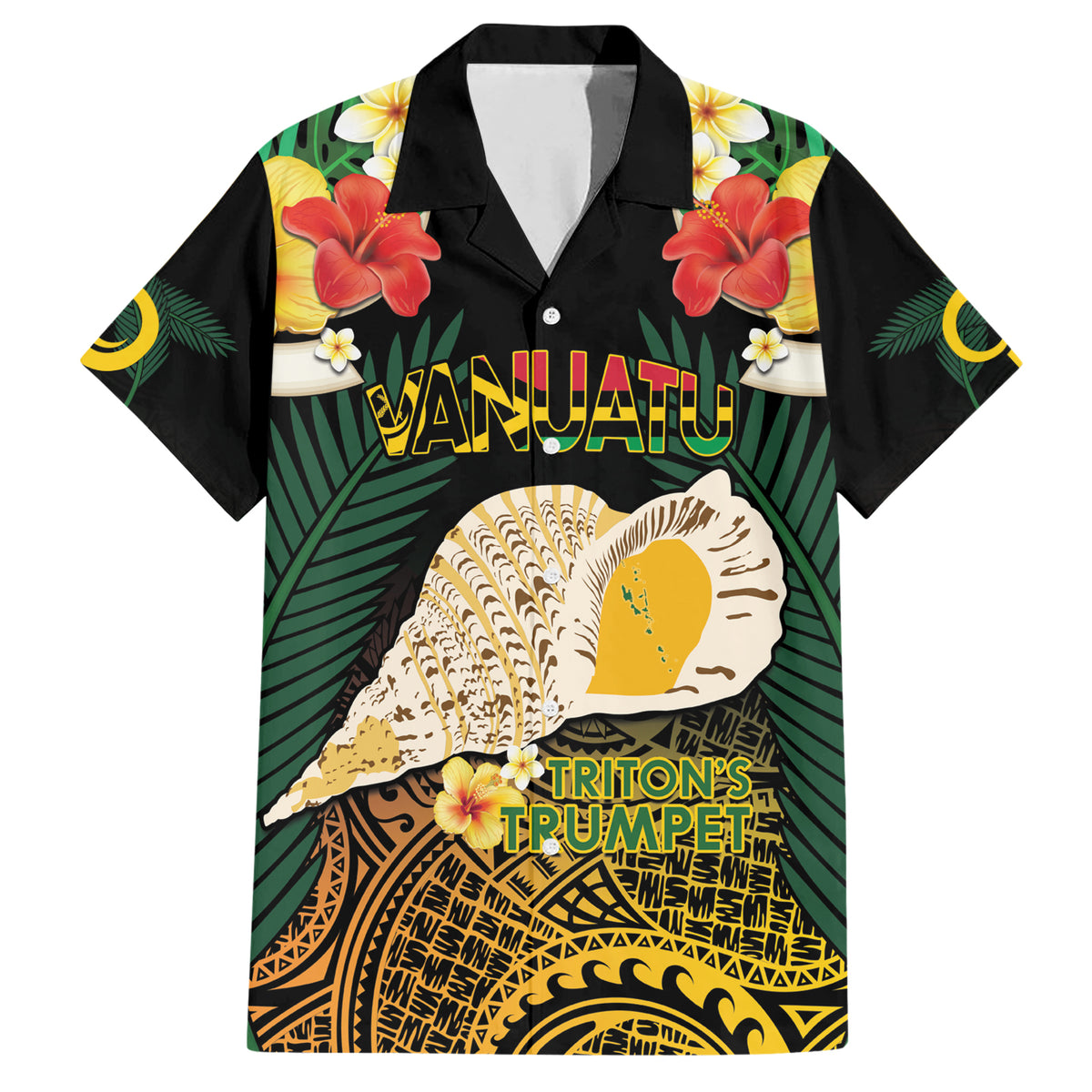 Vanuatu Triton's Trumpet Family Matching Short Sleeve Bodycon Dress and Hawaiian Shirt Tropical Flowers Vanuatuan Map LT14 Dad's Shirt - Short Sleeve Black - Polynesian Pride