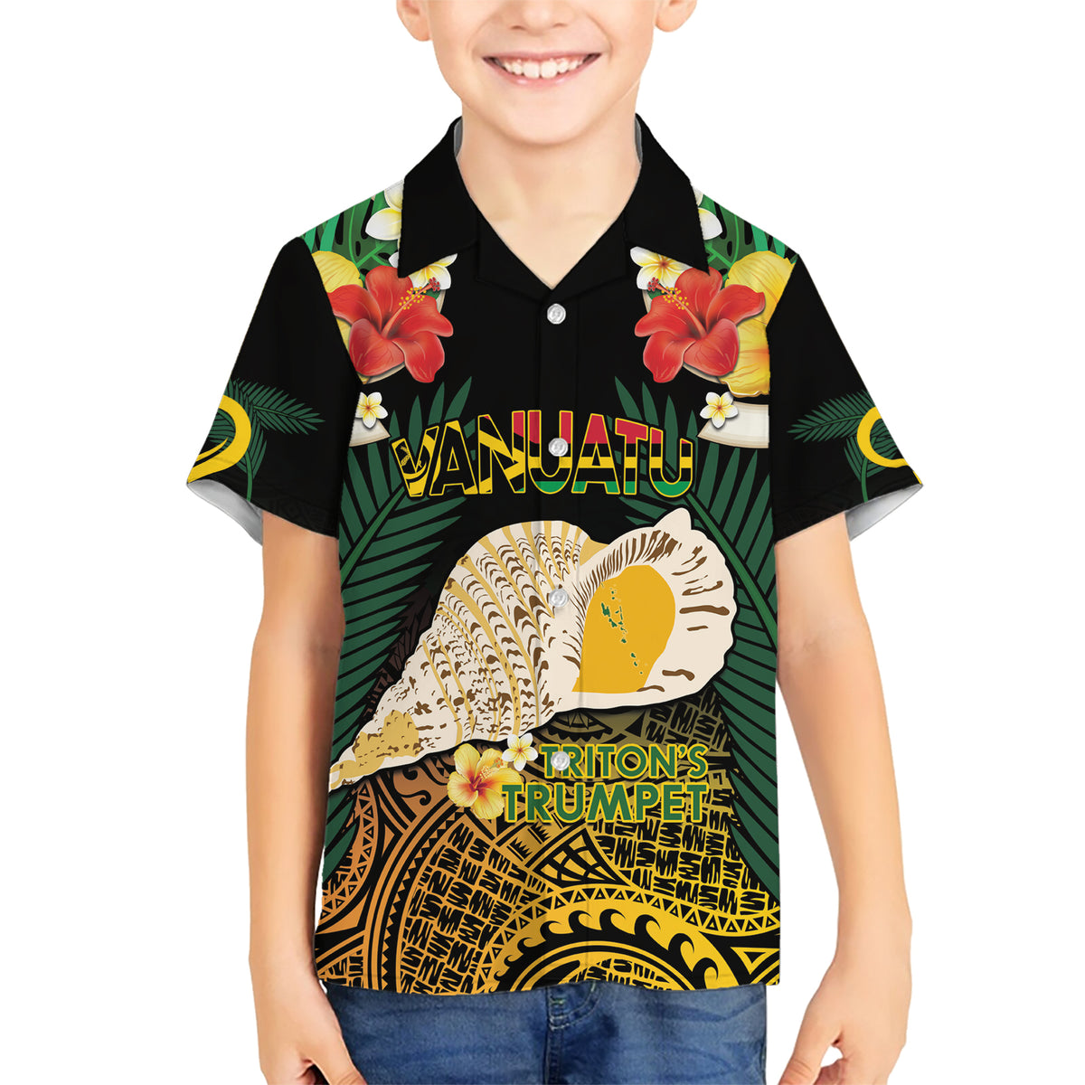 Vanuatu Triton's Trumpet Family Matching Short Sleeve Bodycon Dress and Hawaiian Shirt Tropical Flowers Vanuatuan Map LT14 Son's Shirt Black - Polynesian Pride