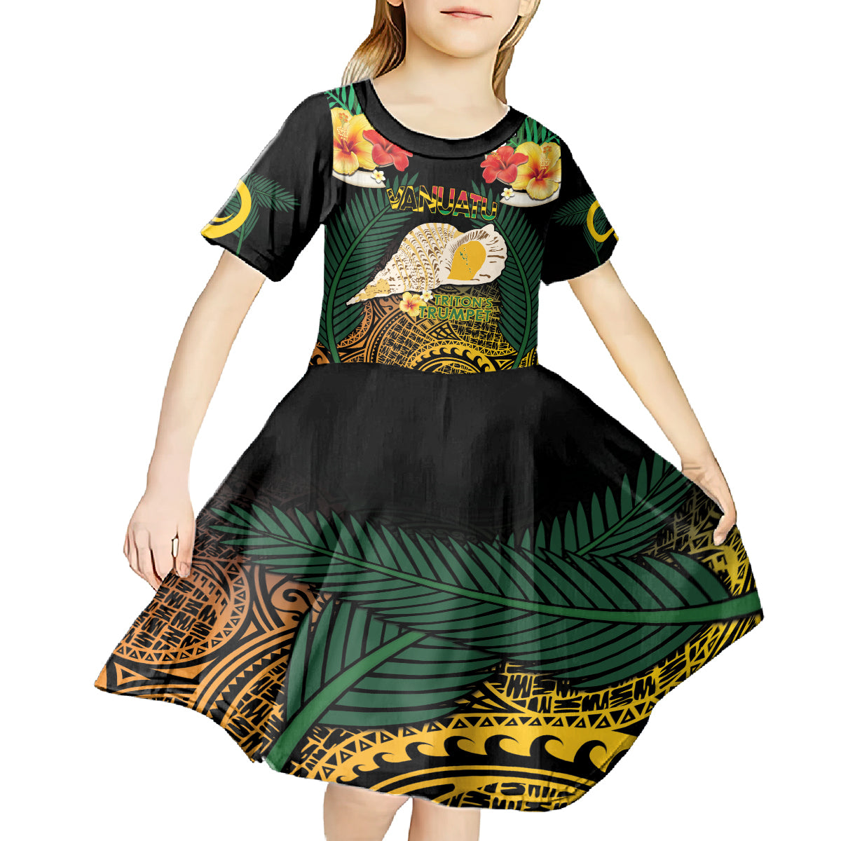 Vanuatu Triton's Trumpet Kid Short Sleeve Dress Tropical Flowers Vanuatuan Map