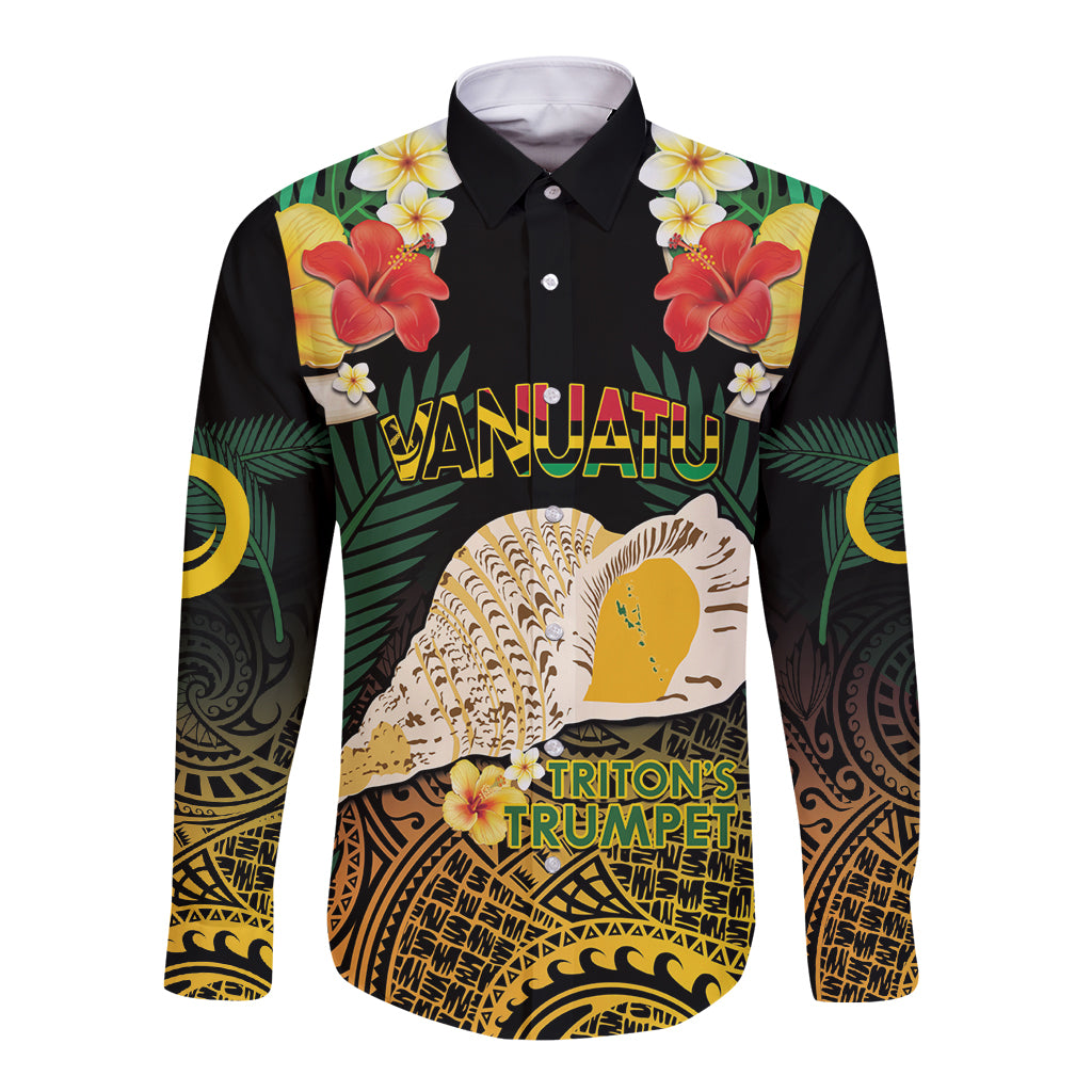 Vanuatu Triton's Trumpet Long Sleeve Button Shirt Tropical Flowers Vanuatuan Map LT14 Unisex Black - Polynesian Pride