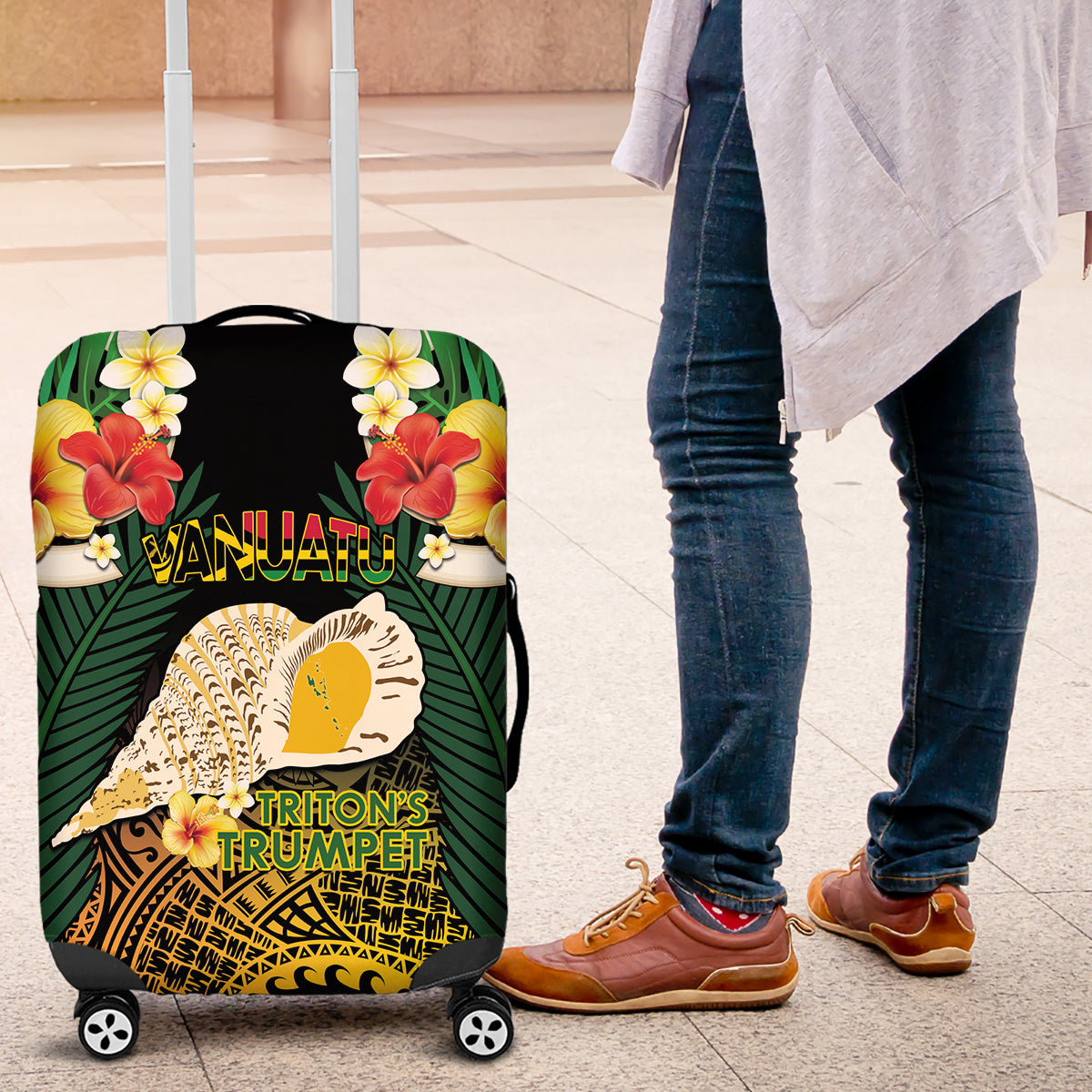 Vanuatu Triton's Trumpet Luggage Cover Tropical Flowers Vanuatuan Map LT14 Black - Polynesian Pride