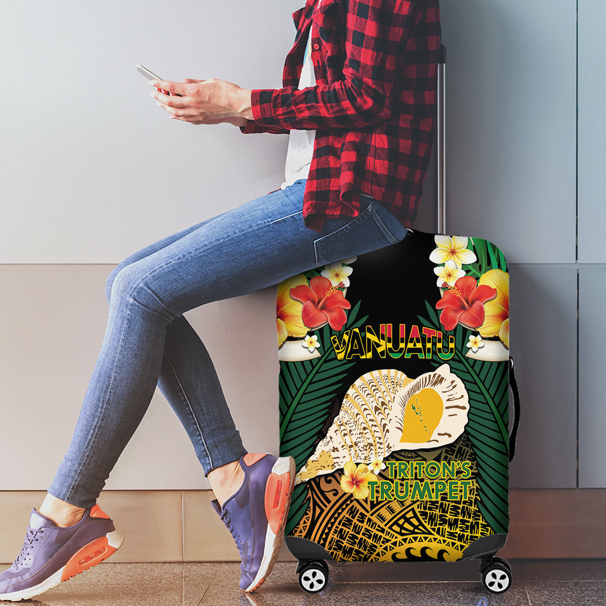 Vanuatu Triton's Trumpet Luggage Cover Tropical Flowers Vanuatuan Map LT14 - Polynesian Pride