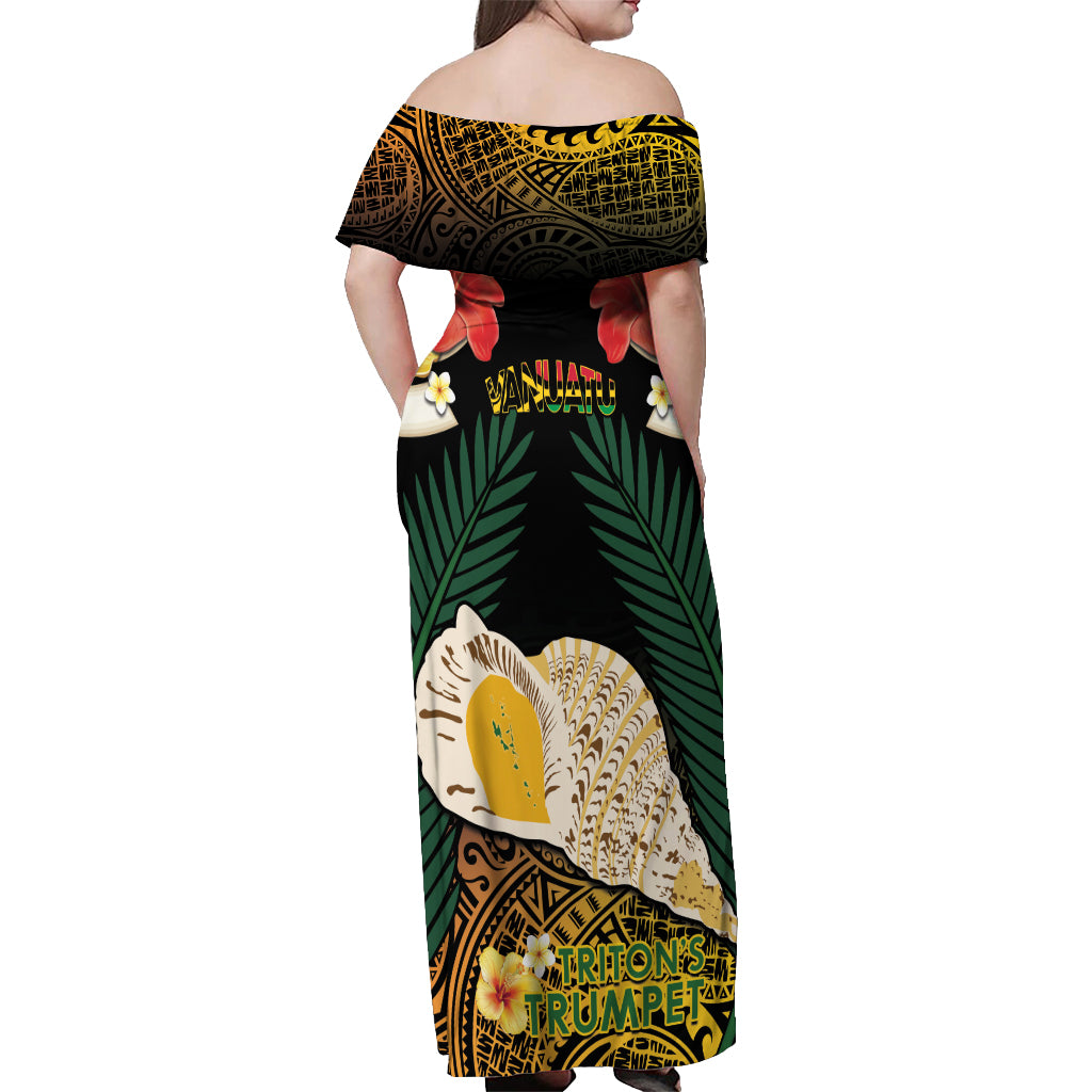 Vanuatu Triton's Trumpet Off Shoulder Maxi Dress Tropical Flowers Vanuatuan Map