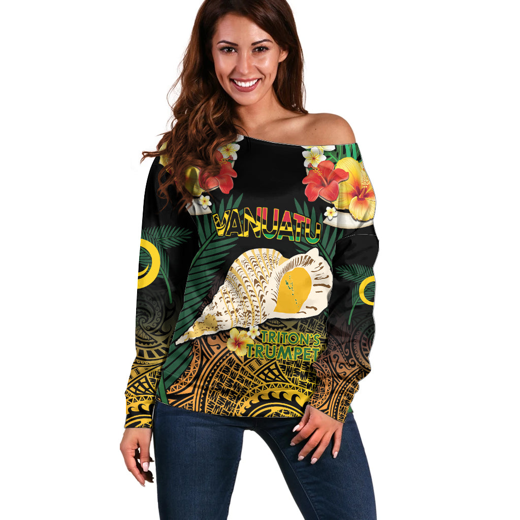 Vanuatu Triton's Trumpet Off Shoulder Sweater Tropical Flowers Vanuatuan Map LT14 Women Black - Polynesian Pride