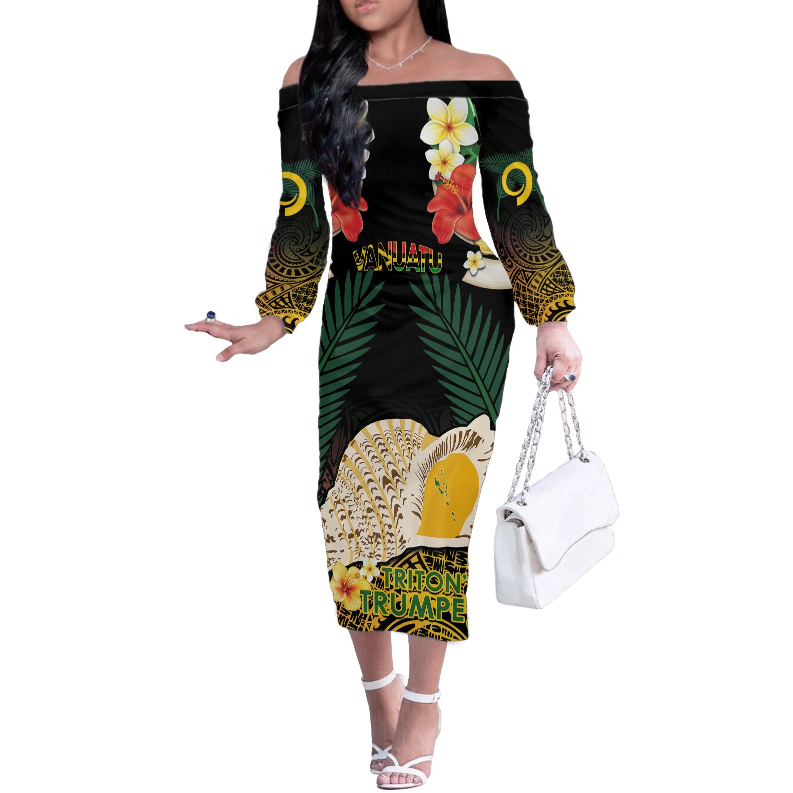 Vanuatu Triton's Trumpet Off The Shoulder Long Sleeve Dress Tropical Flowers Vanuatuan Map LT14 Women Black - Polynesian Pride