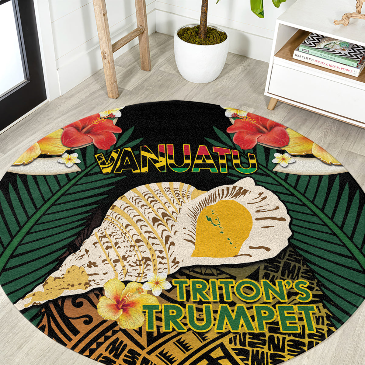 Vanuatu Triton's Trumpet Round Carpet Tropical Flowers Vanuatuan Map LT14 Black - Polynesian Pride