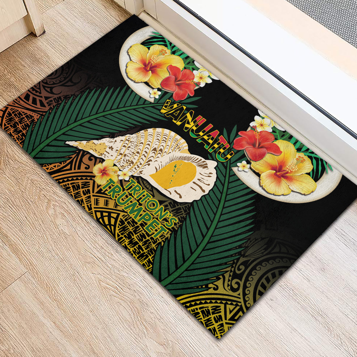 Vanuatu Triton's Trumpet Rubber Doormat Tropical Flowers Vanuatuan Map