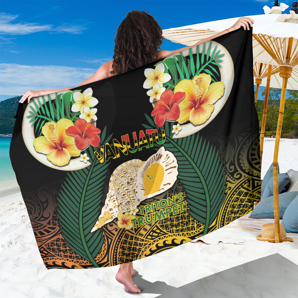 Vanuatu Triton's Trumpet Sarong Tropical Flowers Vanuatuan Map