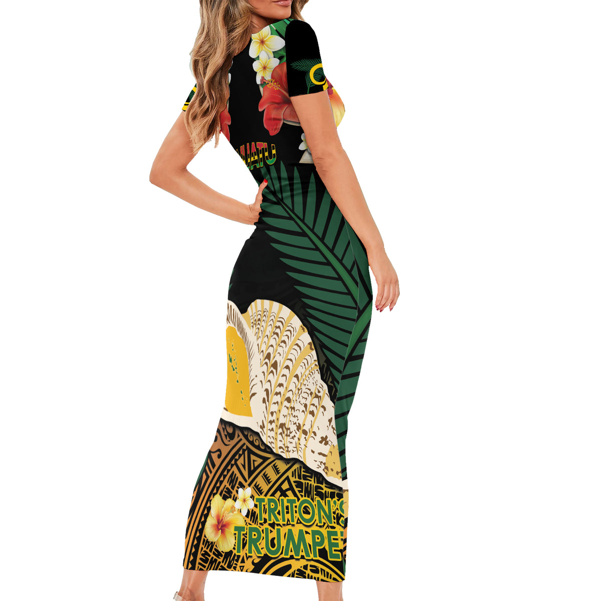 Vanuatu Triton's Trumpet Short Sleeve Bodycon Dress Tropical Flowers Vanuatuan Map