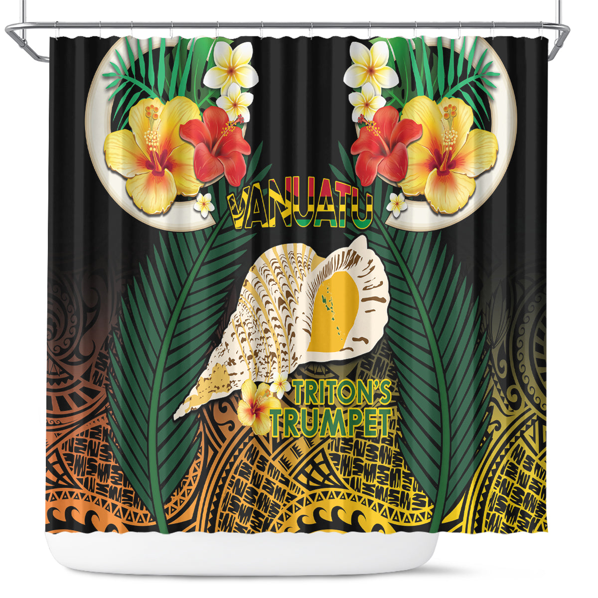 Vanuatu Triton's Trumpet Shower Curtain Tropical Flowers Vanuatuan Map LT14 Black - Polynesian Pride