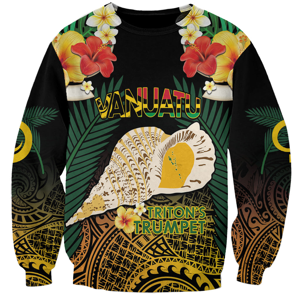 Vanuatu Triton's Trumpet Sweatshirt Tropical Flowers Vanuatuan Map LT14 Unisex Black - Polynesian Pride