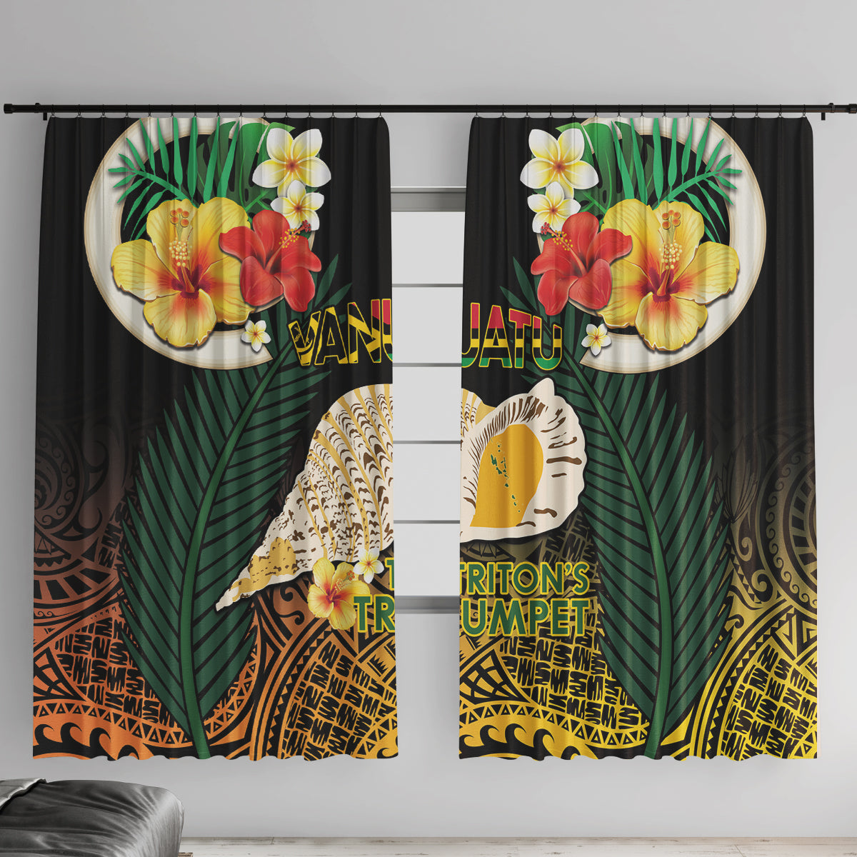 Vanuatu Triton's Trumpet Window Curtain Tropical Flowers Vanuatuan Map